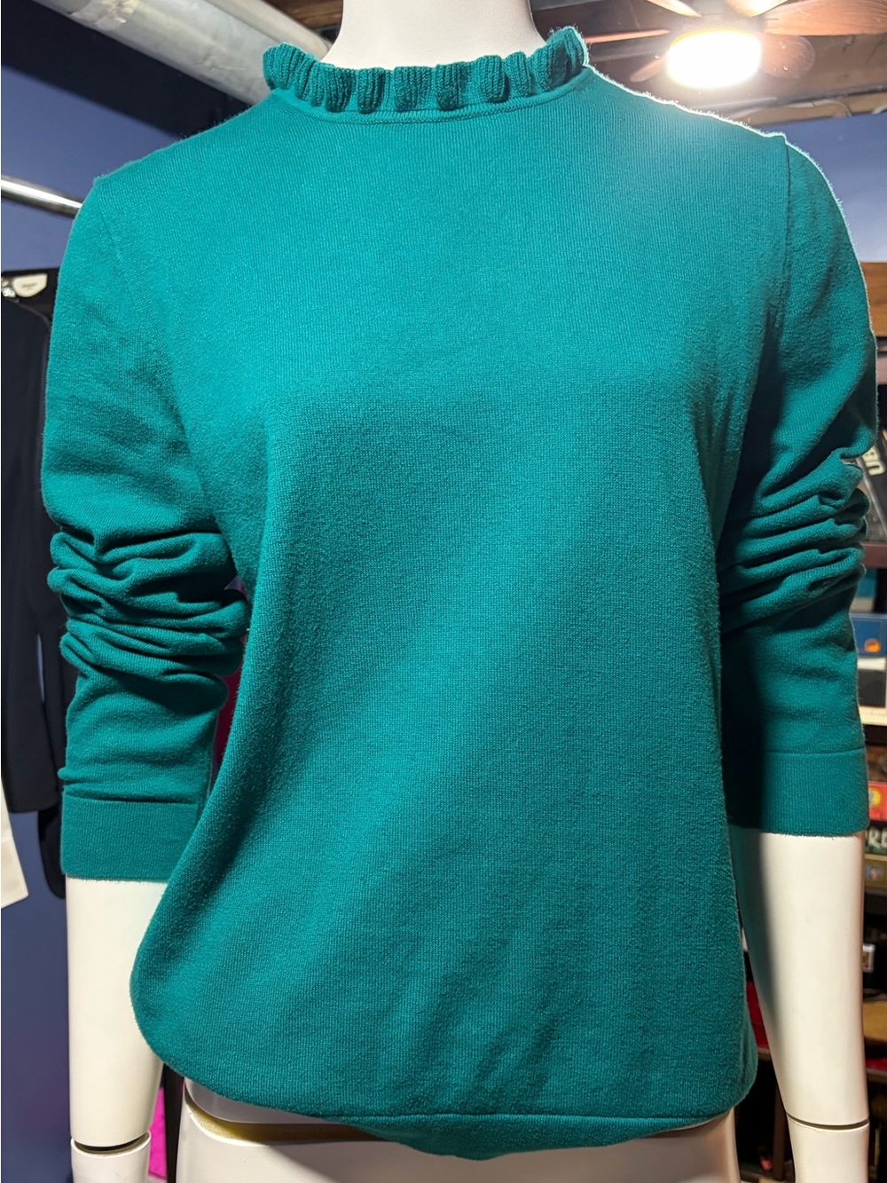 Women’s J. Crew Teal Ruffle-Trim Crewneck Long Sleeve Sweater Size M